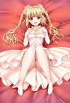  bare_shoulders blonde_hair braid darwin's_game dress elbow_gloves flower gloves hair_flower hair_ornament long_hair shuka_(darwin's_game) smile solo takahata_yuki thighhighs twin_braids wedding_dress 