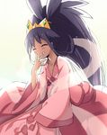  big_hair closed_eyes crown dark_skin dress grin hand_to_own_mouth highres iris_(pokemon) laughing long_hair pink_dress pokemon pokemon_(game) pokemon_bw2 purple_hair smile solo spoilers transistor very_long_hair 