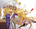  2girls blonde_hair butcher_knife caught chopsticks cooking food fox_tail gap hat hey_taishou highres multiple_girls multiple_tails smile sweat tabard tail thighs tofu touhou yakumo_ran yakumo_yukari 