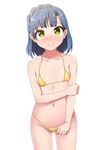  bikini blue_hair highres idolmaster idolmaster_million_live! micro_bikini nanao_yuriko short_hair smile solo standing swimsuit totokichi yellow_eyes 