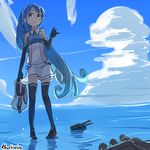  bad_id bad_pixiv_id banned_artist blue_eyes blue_hair cannon cloud cloudy_sky day elbow_gloves gloves kantai_collection long_hair ocean sailor_collar samidare_(kantai_collection) skirt sky smile solo standing standing_on_liquid thighhighs turret very_long_hair wet wet_clothes wet_hair yopan_danshaku 