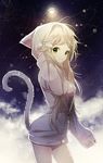  adjusting_headwear animal_hood bell blonde_hair breasts cat_hood cat_tail fog gomzi hair_ornament hairclip hood hoodie jingle_bell long_hair looking_at_viewer medium_breasts naked_hoodie original paw_print sky sleeves_past_wrists smile solo standing star_(sky) starry_sky tail yellow_eyes zipper 