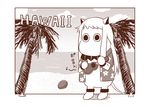  backdrop commentary cosplay eighth_note english hawaiian_shirt horns instrument kantai_collection long_hair mittens monochrome moomin muppo musical_note no_humans northern_ocean_hime northern_ocean_hime_(cosplay) palm_tree sazanami_konami shinkaisei-kan shirt tree ukulele 
