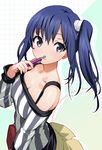  bare_shoulders blue_hair breasts cleavage collarbone detached_sleeves grid imai_midori long_hair looking_at_viewer medium_breasts outline pen purple_eyes shiny shiny_hair shirobako shirt shunin side_ponytail skirt solo striped striped_shirt vertical-striped_shirt vertical_stripes 