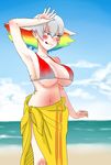  :q arm_up beach bikini blush_stickers breasts cleavage day eyebrows highres kill_la_kill kiryuuin_ragyou large_breasts mature multicolored multicolored_hair mumu_ichie nail_polish navel out_of_character outdoors rainbow_hair sarong scar sunburn swimsuit thick_eyebrows tongue tongue_out 