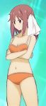  adult artist_request bikini blunt_bangs cleavage closed_mouth collarbone crossed_arms eyebrows_visible_through_hair foreshortening legs navel raised_eyebrows sakura_trick solo swimsuits takayama_haruka wavy_mouth 