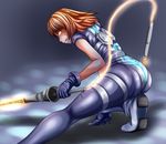  1girl armor ass belt bodysuit boots brown_hair crouching dirge_of_cerberus_final_fantasy_vii energy_sword final_fantasy final_fantasy_vii from_behind gloves glowing glowing_eyes gold_eyes looking_away parted_lips shelke_the_transparent short_hair solo squatting sword thigh_strap tom_(remisaku) weapon yellow_eyes 