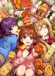  :d apple apple_bunny brown_hair cardigan closed_eyes cucumber dango food food_in_mouth food_request fried_chicken fried_rice fruit gingham girl_sandwich hand_on_own_chest highres kawai_makoto koufuku_graffiti leaf long_hair machiko_ryou mitarashi_dango morino_kirin mouth_hold multiple_girls obentou official_art omelet open_mouth pleated_skirt purple_hair rice salmon sandwiched sanshoku_dango school_uniform shiina_(koufuku_graffiti) shrimp skewer skirt smile sweater tako-san_wiener tamagoyaki tomato twintails wagashi yakisoba 