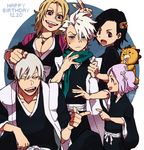  2boys 3boys 3girls black_eyes black_hair bleach blonde_hair blue_eyes breasts cleavage fingernails fingers green_eyes hair_ornament hands haori happy_birthday hinamori_momo hitsugaya_toushirou ichimaru_gin japanese_clothes kon kusajishi_yachiru matsumoto_rangiku motsu_(f0204) multiple_boys multiple_girls open_mouth pink_hair shinigami short_hair silver_hair taichou_haori white_hair 