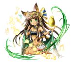  animal_ears anklet bad_id bad_pixiv_id bandeau barefoot bastet_(p&amp;d) black_hair bracer cat_ears dark_skin egyptian fang gold_egg_(p&amp;d) green_eyes highres jewelry long_hair midriff navel puzzle_&amp;_dragons sitting skirt smile solo tail tiara 