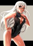  black_swimsuit breasts brown_eyes character_request cleavage contrapposto cowboy_shot formal front_zipper_swimsuit jpeg_artifacts katahira_masashi long_hair looking_at_viewer medium_breasts meme_attire nail_polish naughty_face one-piece_swimsuit open_clothes original pose shiny shiny_clothes shiny_skin silver_hair smile solo standing suit swimsuit unzipped very_long_hair white_hair zipper 