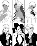  2girls 4boys atsui breasts c_(naruto) choker cleavage darui dress earrings formal glasses gloves hair_ornament hair_over_one_eye hat highres jewelry karui lipstick looking_at_viewer makeup monochrome multiple_boys multiple_girls naruto naruto_shippuuden necklace noeunjung93 omoi_(naruto) samui suit 