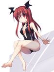  barefoot bat_wings cleavage_cutout front_zipper_swimsuit glass head_wings ichidai_taisa koakuma long_hair looking_at_viewer meme_attire one-piece_swimsuit red_eyes red_hair sitting sketch smile solo swimsuit touhou wings 