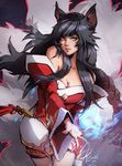  2015 ahri animal_ears artist_name bangs black_hair braid breasts cleavage dated detached_sleeves energy_ball fox_ears fox_tail hair_over_shoulder jurikoi korean_clothes large_breasts league_of_legends long_hair long_sleeves looking_at_viewer low-tied_long_hair md5_mismatch multiple_tails outstretched_hand resized signature solo tail tassel upscaled whisker_markings yellow_eyes 
