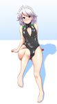  absurdres black_swimsuit blue_eyes blush braid breasts cleavage_cutout excel_(shena) front_zipper_swimsuit full_body highres izayoi_sakuya maid maid_headdress meme_attire one-piece_swimsuit silver_hair sitting small_breasts solo swimsuit touhou twin_braids unzipped zipper 