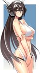  bare_arms between_legs bikini black_hair blush breast_hold breasts cleavage gigantic_breasts headgear kantai_collection kantai_collection_(anime) long_hair looking_at_viewer nagato_(kantai_collection) navel red_eyes simple_background solo swimsuit takamura_wamu very_long_hair 
