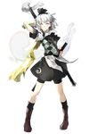  alternate_costume alternate_eye_color argyle belt bike_shorts boots full_body hairband highres hihhih hitodama konpaku_youmu konpaku_youmu_(ghost) koumajou_densetsu koumajou_densetsu_2 purple_eyes skirt sword touhou transparent_background weapon white_eyes white_hair 