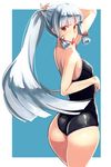  alternate_costume ass bangs blunt_bangs blush competition_school_swimsuit hair_ribbon kantai_collection long_hair looking_at_viewer mouth_hold murakumo_(kantai_collection) one-piece_swimsuit red_eyes ribbon silver_hair simple_background solo swimsuit takamura_wamu 