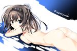  akizuki_(kantai_collection) ass blush breast_press breasts brown_hair grey_eyes hairband headgear inuzumi_masaki kantai_collection large_breasts looking_at_viewer lying nude on_stomach short_hair solo twitter_username 