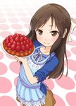  apron brown_eyes brown_hair food fruit idolmaster idolmaster_cinderella_girls long_hair nikuben ribbon shirt skirt smile solo strawberry strawberry_tart tachibana_arisu 