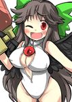 :d alternate_costume bare_legs bare_shoulders breasts brown_hair covered_nipples feathered_wings front_zipper_swimsuit gaoo_(frpjx283) hair_ribbon highres large_breasts long_hair meme_attire one-piece_swimsuit one_eye_closed open_mouth red_eyes reiuji_utsuho ribbon smile solo spiked_hair swimsuit touhou wings 