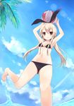  :q armpits arms_up ball barefoot beachball bikini black_eyes blonde_hair cloud day hairband kamichi_miyaki kantai_collection lens_flare long_hair navel shimakaze_(kantai_collection) sky solo standing standing_on_one_leg swimsuit tongue tongue_out 