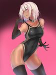  ass_visible_through_thighs bad_id bad_pixiv_id black_gloves black_legwear black_swimsuit collar competition_swimsuit covered_navel dark_skin earrings elbow_gloves gloves gradient gradient_background highleg highleg_swimsuit jewelry leaning looking_at_viewer naughty_face one-piece_swimsuit one_eye_closed original red_eyes short_hair silver_hair skin_tight solo swimsuit thighhighs ulrich_(tagaragakuin) 