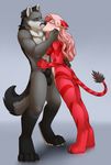  2015 anthro balls blush canine eyes_closed feline female fox hair hybrid jailbird kissing male mammal nude pink_hair wolf 