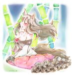  animal_ears bamboo bamboo_forest blush breasts brooch brown_hair cleavage closed_eyes collarbone dress forest highres imaizumi_kagerou jewelry large_breasts long_hair natsu_(rin0725) nature open_mouth signature sitting tail touhou traditional_media watercolor_(medium) wolf_ears wolf_tail 