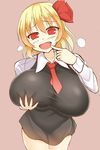  1girl blonde_hair breast_hold breasts facominn fang female finger_to_mouth hair_ornament highres huge_breasts necktie open_mouth red_eyes rumia short_hair simple_background smile solo touhou 