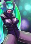  alternate_costume arms_behind_back ball_gag bdsm bondage bound breasts dj_sona gag gagged green_hair harness jitan777 large_breasts league_of_legends long_hair saliva solo sona_buvelle twintails 