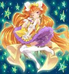  ;) amanogawa_kirara bare_shoulders boots brown_hair chiigo cure_twinkle earrings gloves go!_princess_precure jewelry long_hair magical_girl multicolored_hair one_eye_closed precure purple_eyes red_hair smile solo star star_earrings starry_background thigh_boots thighhighs twintails two-tone_hair white_gloves white_legwear 