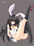  adapted_costume ascot black_hair bunnysuit detached_collar gloves highres isokaze_(kantai_collection) kantai_collection long_hair red_eyes saano_chia thighhighs wrist_cuffs 