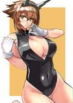  black_swimsuit breasts brown_hair chromatic_aberration cleavage cleavage_cutout front_zipper_swimsuit gloves green_eyes headgear kantai_collection large_breasts looking_at_viewer meme_attire mutsu_(kantai_collection) navel one-piece_swimsuit open_clothes short_hair simple_background skindentation smile solo swimsuit takamura_wamu thighs unzipped zipper 
