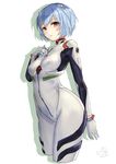  2014 arm_behind_back ayanami_rei bangs blue_hair blush bodysuit bracer breasts cowboy_shot dated expressionless from_side gloves hand_on_own_chest headgear looking_at_viewer neon_genesis_evangelion number pilot_suit pisuke plugsuit red_eyes shadow short_hair signature simple_background small_breasts solo turtleneck white_background white_bodysuit 