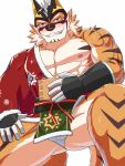  1boy abs animal_ears ass_visible_through_thighs bara bare_pectorals beige_fur blush covered_testicles drunk facial_hair feet_out_of_frame fundoshi furry furry_male goatee grin hadanugi_dousa highres horumu_(norubahu) japanese_clothes live_a_hero looking_at_viewer male_focus mask muscular muscular_male nipples official_alternate_costume one_knee orange_fur pectorals pelvic_curtain ryekie_(live_a_hero) seductive_smile short_hair single_bare_shoulder smile solo thick_thighs thighs tiger_boy tiger_ears two-tone_fur 