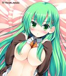  blush breasts green_eyes green_hair hair_censor hair_ornament hair_over_breasts hairclip inuzumi_masaki kantai_collection large_breasts long_hair looking_at_viewer pillow solo suzuya_(kantai_collection) twitter_username 