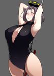  arms_up blush breasts cleavage front_zipper_swimsuit grey_background hair_intakes highres kantai_collection large_breasts looking_at_viewer mechanical_halo meme_attire mole mole_under_eye one-piece_swimsuit one_eye_closed polearm purple_hair red_eyes short_hair simple_background smile solo swimsuit takatoo_kurosuke tatsuta_(kantai_collection) thighs weapon 