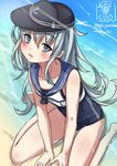  alternate_costume blue_eyes cosplay crop_top hat hibiki_(kantai_collection) kantai_collection long_hair one-piece_swimsuit ro-500_(kantai_collection) ro-500_(kantai_collection)_(cosplay) sailor_collar sakiyamama school_swimsuit silver_hair sitting solo swimsuit swimsuit_under_clothes wariza 