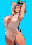  arms_up blue_background blush breasts cleavage front_zipper_swimsuit hair_intakes highres kantai_collection large_breasts looking_at_viewer mechanical_halo meme_attire mole mole_under_eye one-piece_swimsuit one_eye_closed polearm purple_hair red_eyes short_hair simple_background smile solo swimsuit takatoo_kurosuke tan tatsuta_(kantai_collection) thighs weapon white_swimsuit 