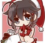  ahoge bloom2425 blue_eyes bra braid brown_hair chibi christmas gloves hair_flaps hair_over_shoulder hat kantai_collection midriff navel panties remodel_(kantai_collection) ribbon sack santa_hat shigure_(kantai_collection) single_braid solo sweatdrop underwear 