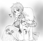  arcueid_brunestud blood carrying ciel dress gloves greyscale injury lowres melty_blood monochrome multiple_girls pikakoya powerd_ciel princess_carry skirt sleeveless sleeveless_dress sweater torn_clothes tsukihime 