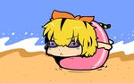  :&lt; ball beach beachball blonde_hair chibi closed_mouth commentary goggles hair_ornament multicolored_hair sand sho_(shirojiro_kuroguro) short_hair swimsuit tail tiger_tail toramaru_shou touhou two-tone_hair v-shaped_eyebrows yellow_eyes 