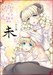  age_difference animal_costume bell blue_eyes breast_rest breasts horns hug huge_breasts midriff mother_and_daughter multiple_girls navel original rayn sheep_costume sheep_girl sheep_horns smile sweater thighhighs turtleneck underboob white_hair 