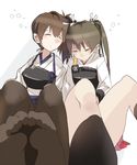  bad_id bad_pixiv_id brown_hair feet fujibejifu hair_ribbon head_to_head kaga_(kantai_collection) kantai_collection knees_up leaning_on_person long_hair multiple_girls muneate no_shoes outstretched_legs ribbon side-by-side sitting sleeping sleeping_on_person sleeping_upright tasuki thighhighs twintails zuikaku_(kantai_collection) 