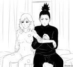  1boy 1girl 2015 artist_name bandage bed breasts clothed_male_nude_female dated earrings hair_down jewelry jjj_(dbsgh8573) monochrome nara_shikamaru naruto naruto_shippuuden navel nipples nude sitting temari 