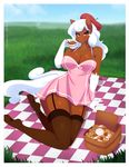  anthro bedroom_eyes beret big_breasts blush breasts brown_eyes candy cleavage clothed clothing cookie dress equine fan_character female fur hair half-closed_eyes hat horse ice_cream_sandwich legwear lollipop long_hair looking_at_viewer mammal my_little_pony outside picnic_basket picnic_blanket pony re-sublimity-kun smile solo stockings white_hair 