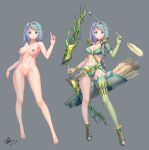  1girl absurdres arrow asymmetrical_legwear bikini blue_eyes blue_hair blush bow_(weapon) breasts dagger elbow_gloves gloves green_gloves green_legwear hairband highres holding holding_bow_(weapon) holding_weapon konishi_(565112307) looking_at_viewer multiple_views navel nipples nude original potion pussy quiver short_hair smile solo_focus swimsuit thighhighs uncensored weapon 