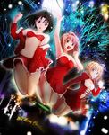  ahoge arcueid_brunestud artoria_pendragon_(all) bare_legs bare_shoulders black_hair blonde_hair bra breasts christmas cleavage company_connection covering covering_crotch crossover dress dutch_angle fate/stay_night fate_(series) fe_(12141978) hair_bun hair_intakes jumping kara_no_kyoukai lace-up large_breasts legs_together miniskirt multiple_girls pink_hair red_dress red_eyes ryougi_shiki saber short_hair skirt strapless strapless_bra strapless_dress tsukihime type-moon underwear 