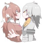  2girls animal_ears arm_at_side bangs black_hair breast_pocket breast_press brown_hair closed_mouth collared_shirt empty_eyes eye_contact fur_collar grey_hair grey_shirt hand_up hifumitaka japanese_wolf_(kemono_friends) kemono_friends long_hair long_sleeves looking_at_another low_ponytail multicolored_hair multiple_girls open_mouth orange_eyes orange_hair outstretched_arm outstretched_hand pocket sailor_collar shirt shoebill_(kemono_friends) short_over_long_sleeves short_sleeves side_ponytail simple_background spread_fingers sweater symmetrical_docking tsurime two-tone_hair upper_body white_background white_hair wolf_ears 